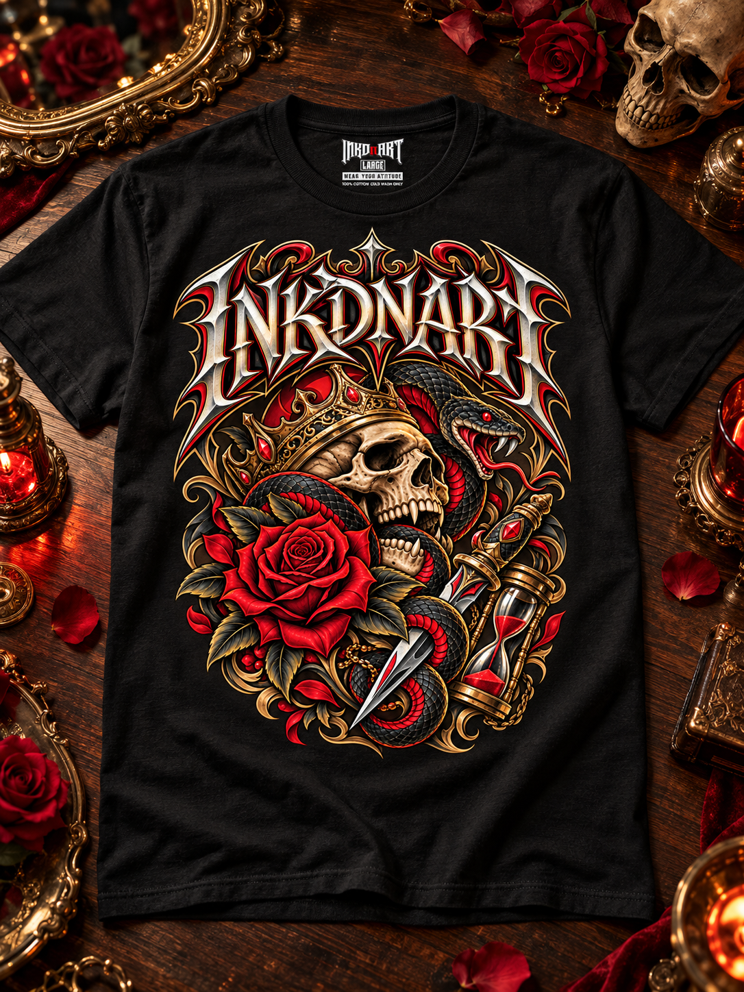 Black Crowned Skull & Serpent tee laid front-up on polished dark walnut and antique brass, with the INKDnART interior neck tag.