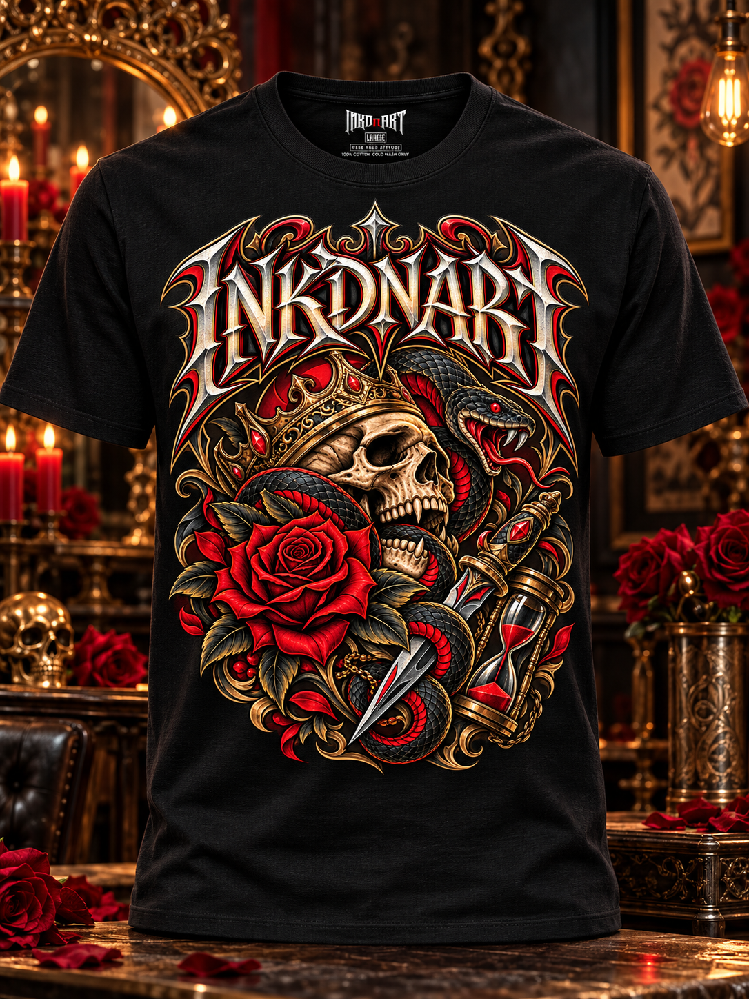Front ghost-mannequin view of the black Crowned Skull & Serpent tee with a shaped torso and INKDnART inside neck tag.