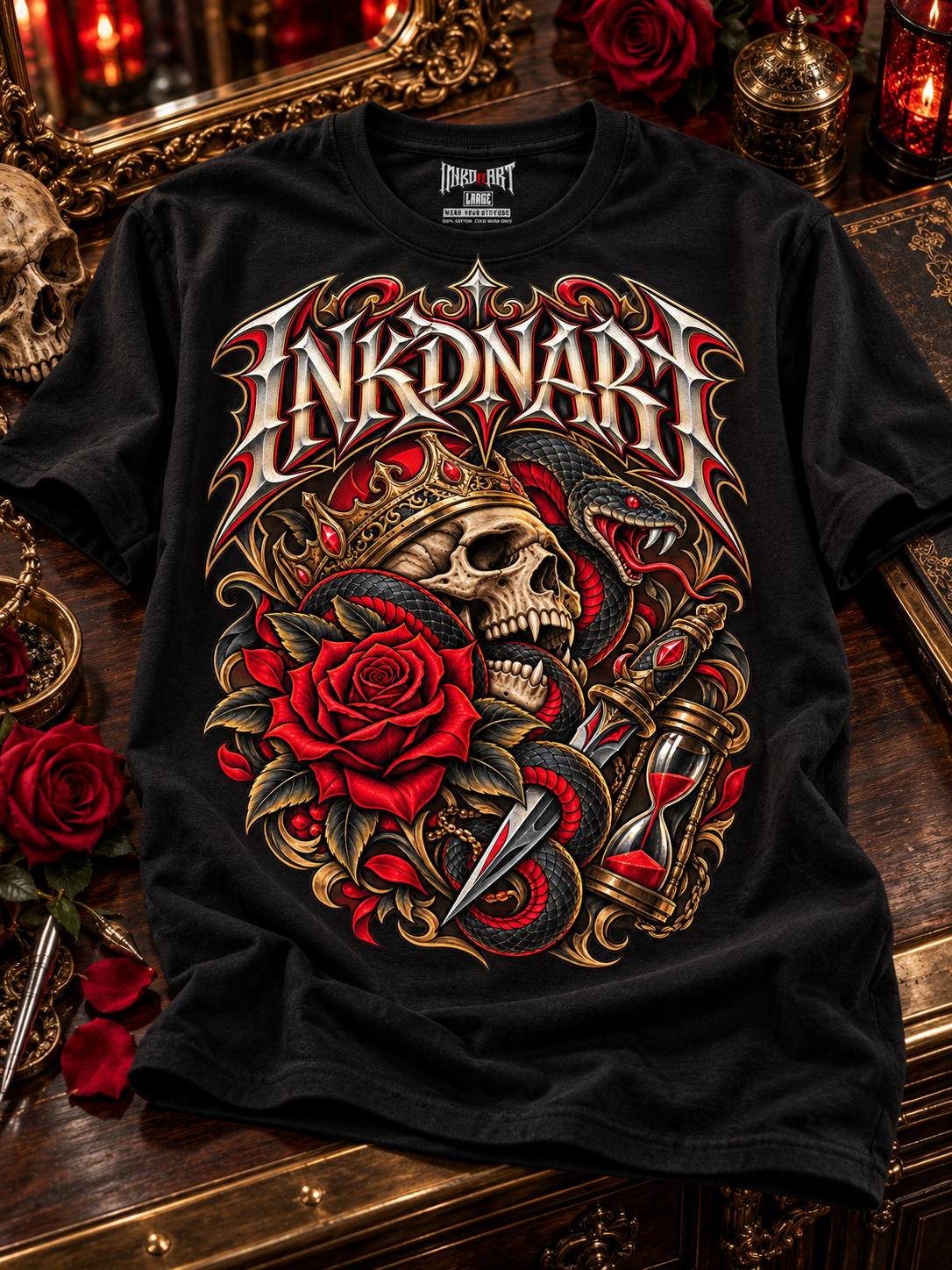 Folded black Crowned Skull & Serpent graphic tee on polished dark walnut and antique brass, with its printed interior INKDnART neck tag.