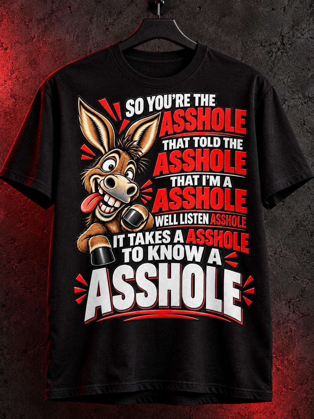 Funny asshole donkey graphic t-shirt hanging black shirt front mockup INKDnART
