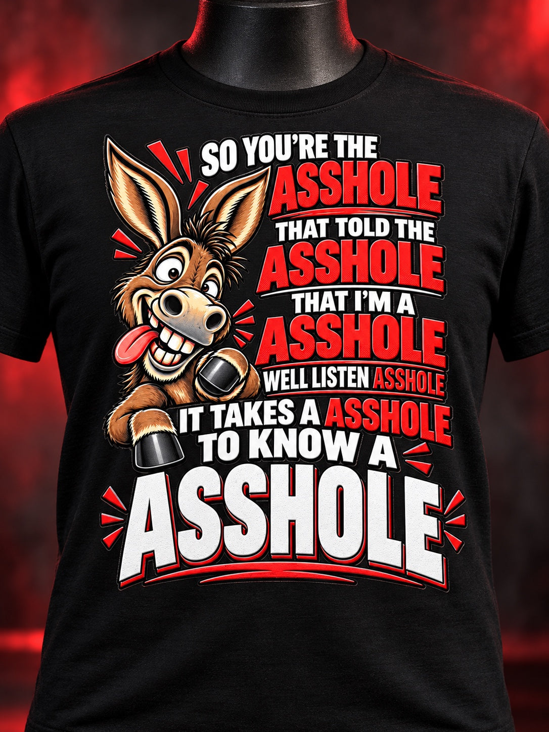 Close up of funny donkey and bold red asshole lettering on black graphic tee