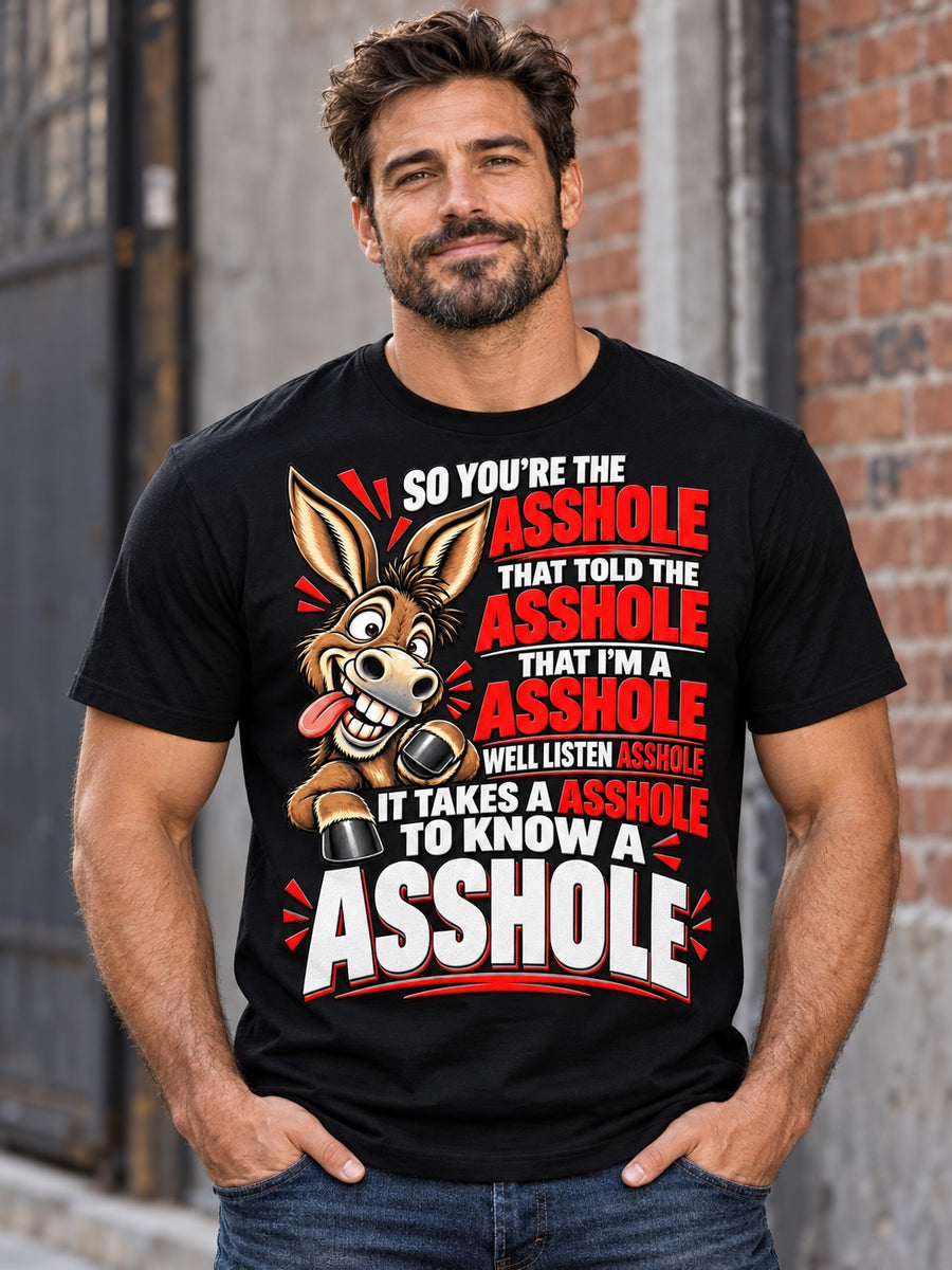 Male model wearing black adult humor donkey graphic t-shirt INKDnART apparel
