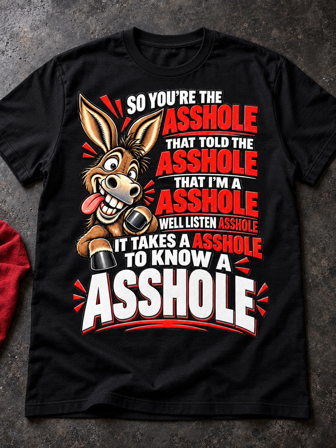 Black funny asshole donkey graphic t-shirt displayed flat lay