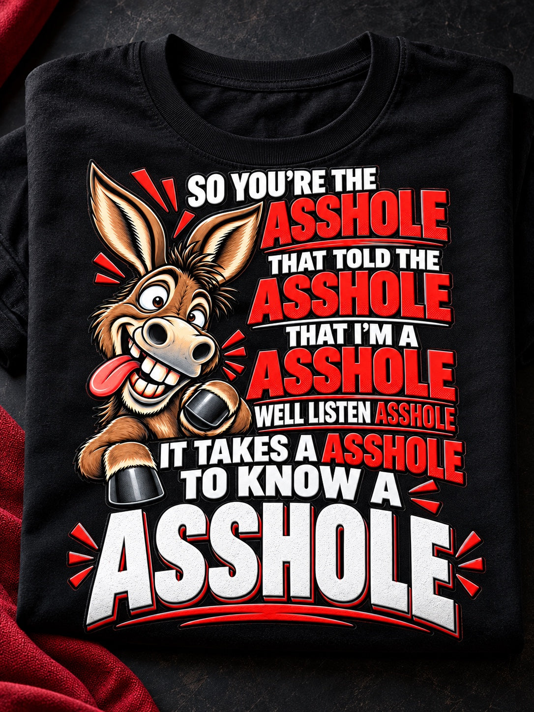 Folded black adult humor donkey graphic tee detailed typography close-up