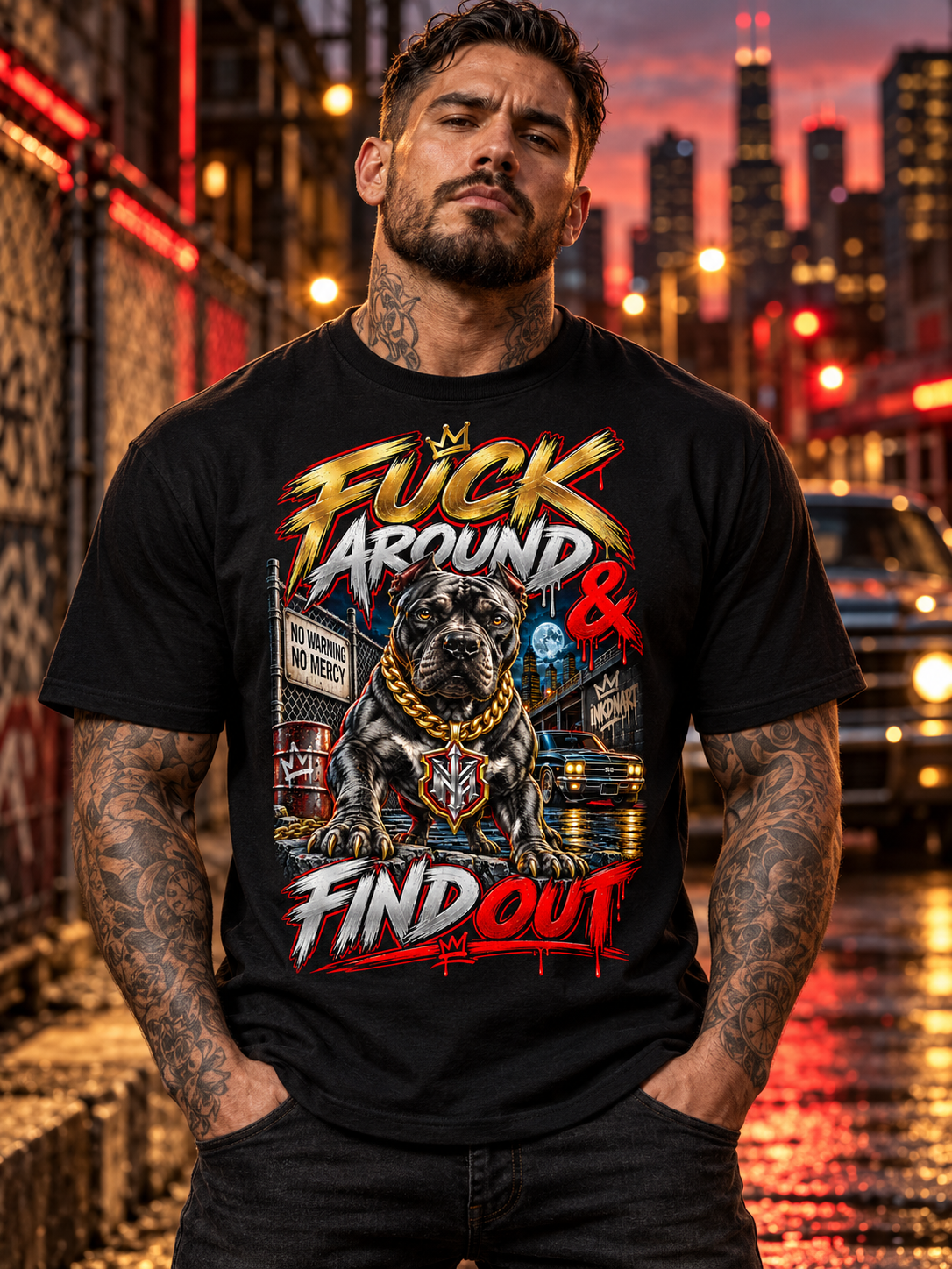 Black Fuck Around & Find Out Pitbull tee on a front-facing male model in gritty city street at dusk with a distant parked car and red and amber city lights.