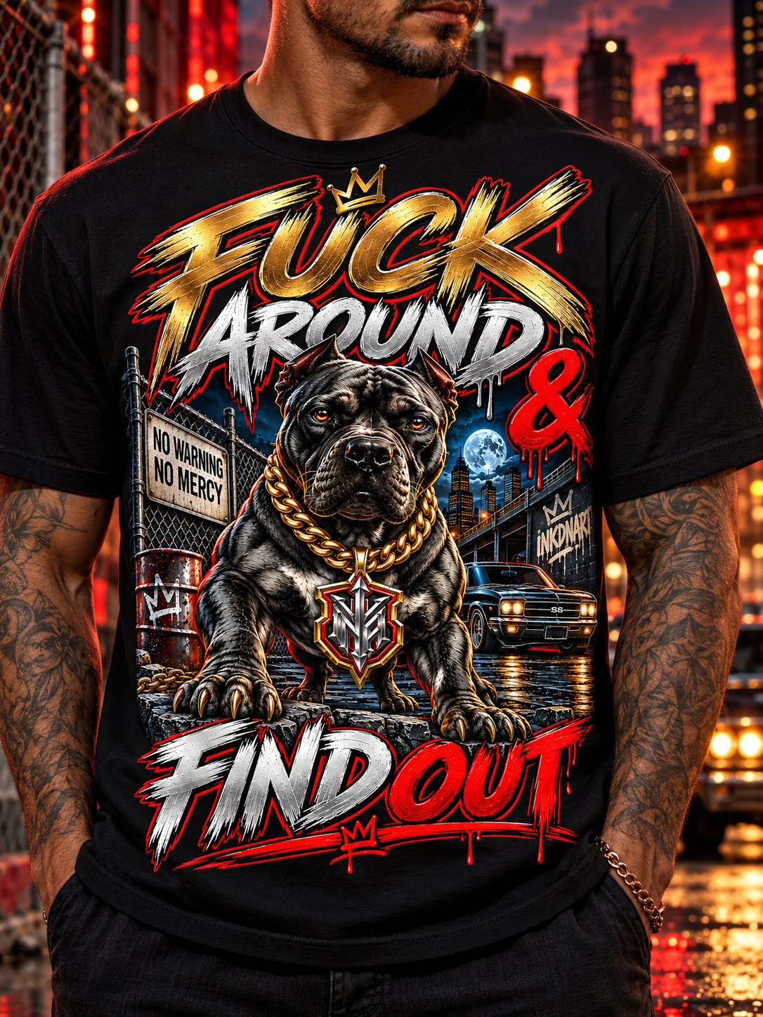 Close front view of the black Fuck Around & Find Out Pitbull T-shirt showing the complete colorful graphic and crewneck.