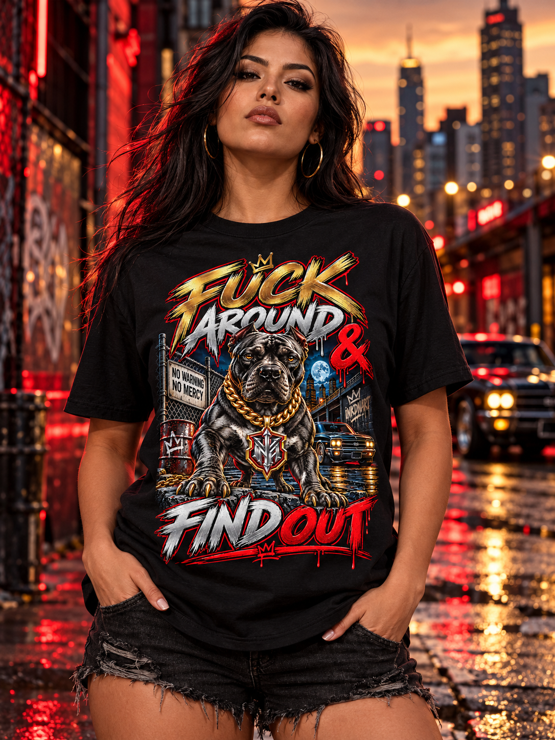 Female model wearing the black Fuck Around & Find Out Pitbull graphic tee, photographed from the front in a themed setting.
