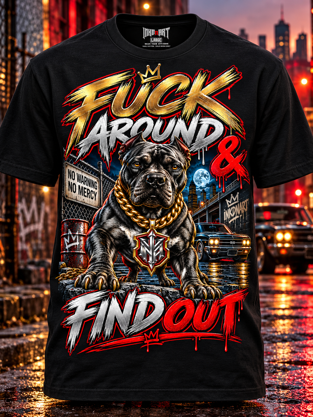 Front ghost-mannequin view of the black Fuck Around & Find Out Pitbull tee with a shaped torso and INKDnART inside neck tag.