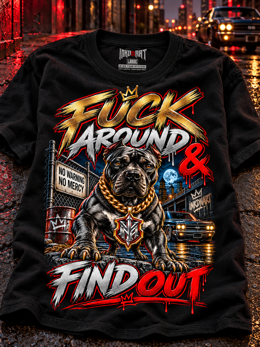 Folded black Fuck Around & Find Out Pitbull graphic tee on dark concrete with subtle urban red light, with its printed interior INKDnART neck tag.