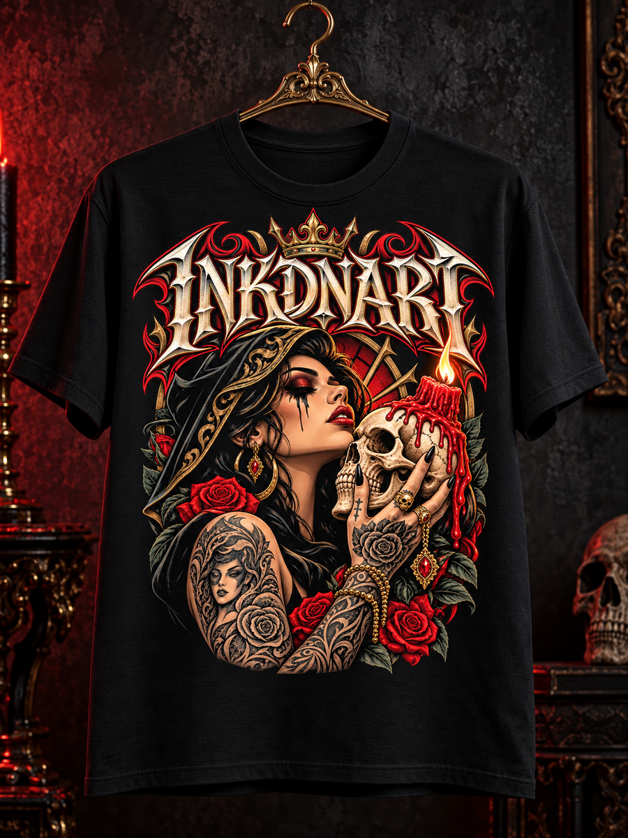 Studio front view on a brass hanger of a black INKDnART tee with a gothic woman, candle-topped skull, red roses, and ornate gold details.