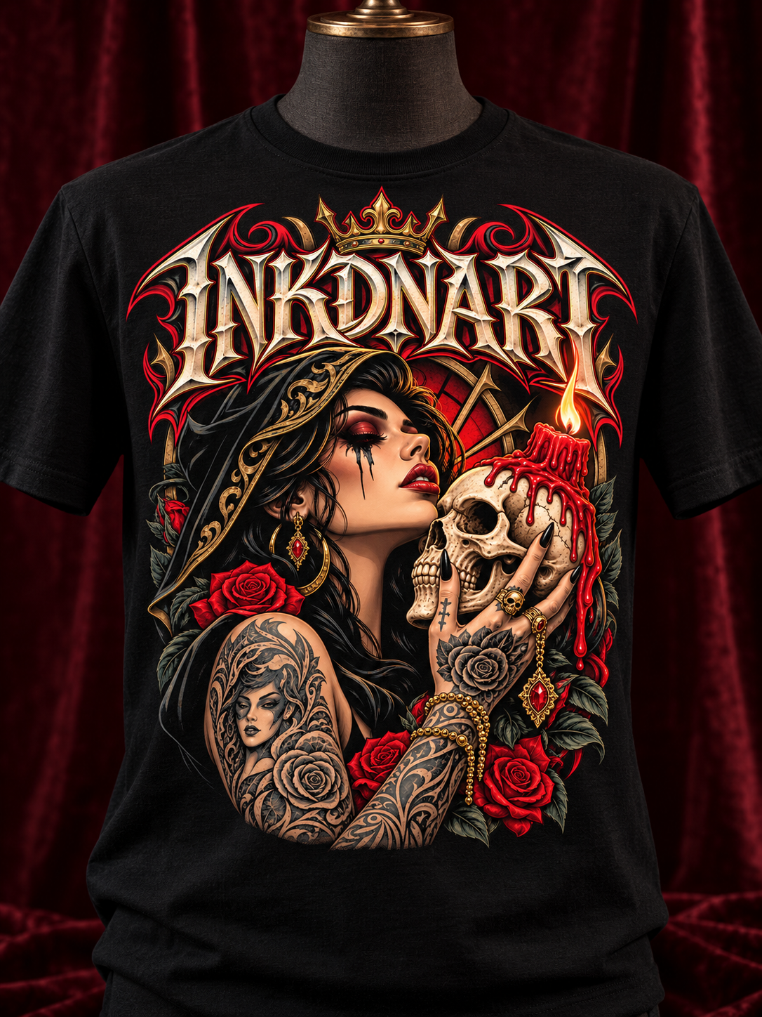 Close front view on a dress form of a black INKDnART tee with a gothic woman, candle-topped skull, red roses, and ornate gold details.