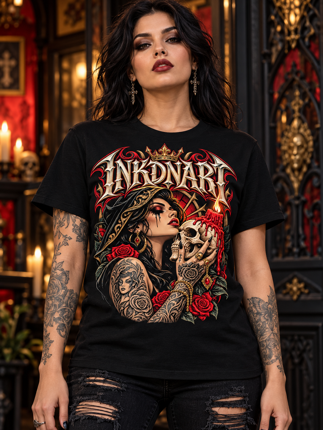 Front view worn by a fashion model of a black INKDnART tee with a gothic woman, candle-topped skull, red roses, and ornate gold details.