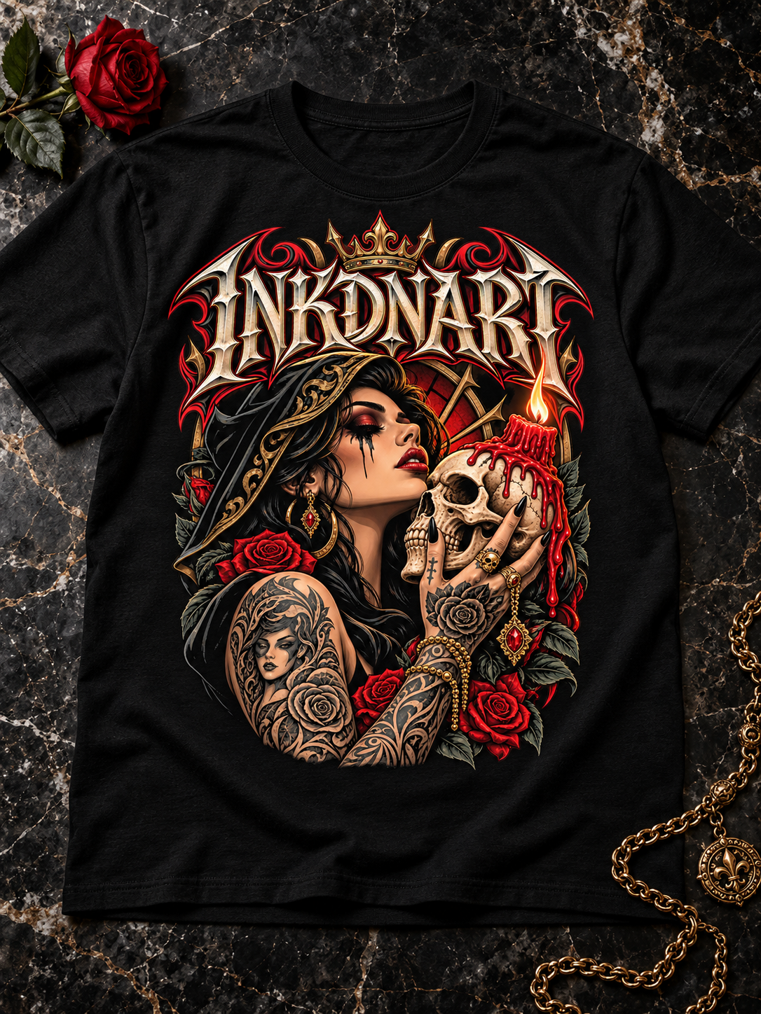 Overhead flat lay on dark stone of a black INKDnART tee with a gothic woman, candle-topped skull, red roses, and ornate gold details.