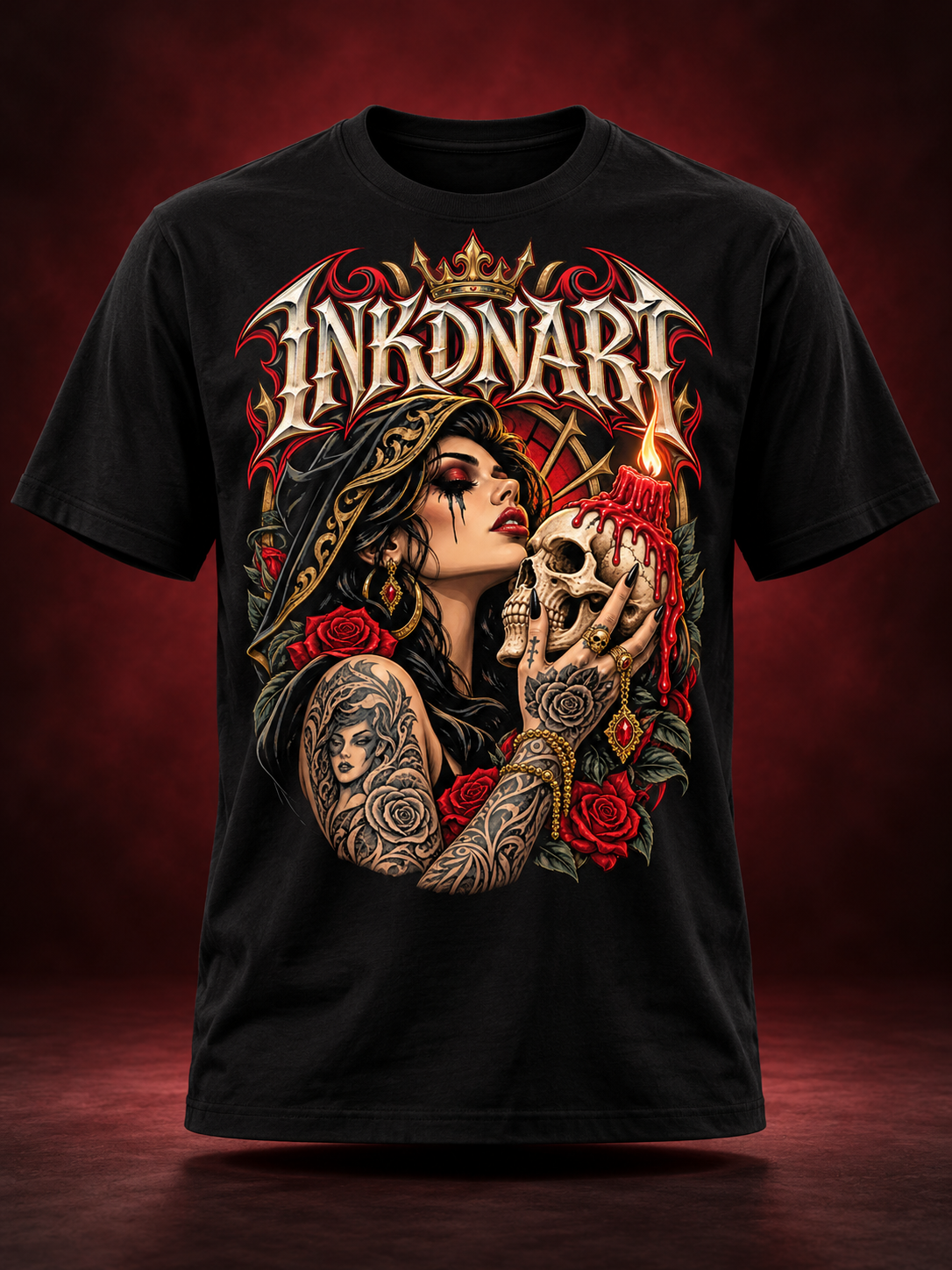 Dimensional ghost mannequin front view of a black INKDnART tee with a gothic woman, candle-topped skull, red roses, and ornate gold details.