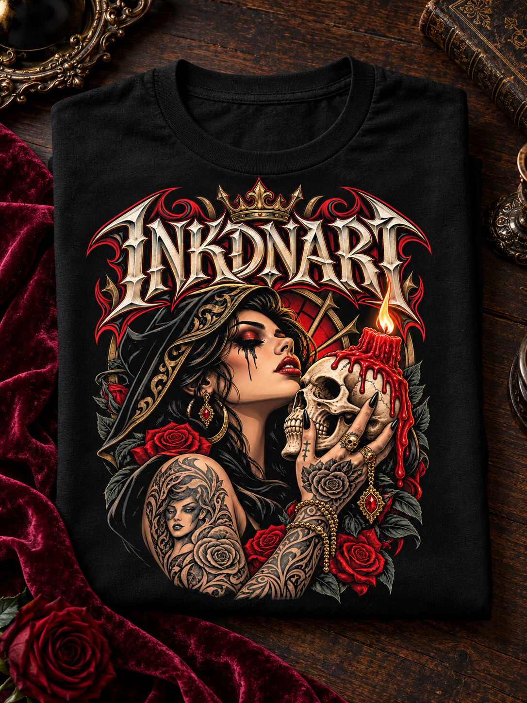 Folded front view on a walnut table of a black INKDnART tee with a gothic woman, candle-topped skull, red roses, and ornate gold details.