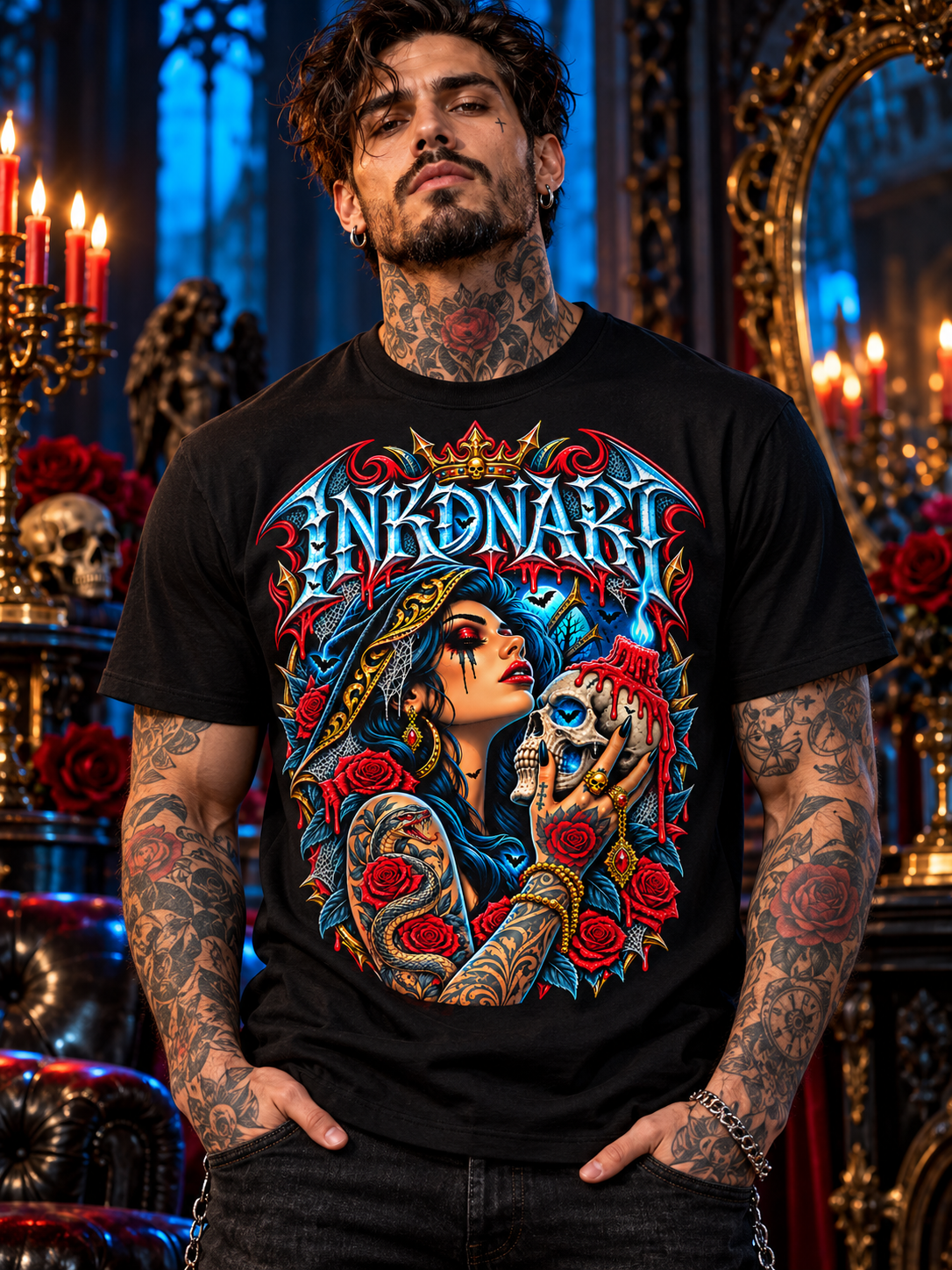 Black Gothic Skull Rose Queen tee on a front-facing male model in blue-lit gothic tattoo lounge with crimson roses and an antique mirror.