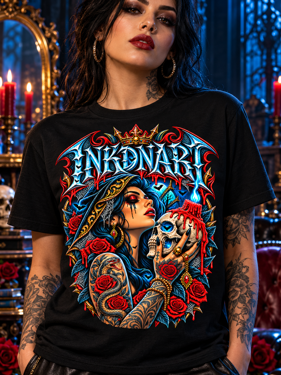 Close front view of the black Gothic Skull Rose Queen T-shirt showing the complete colorful graphic and crewneck.