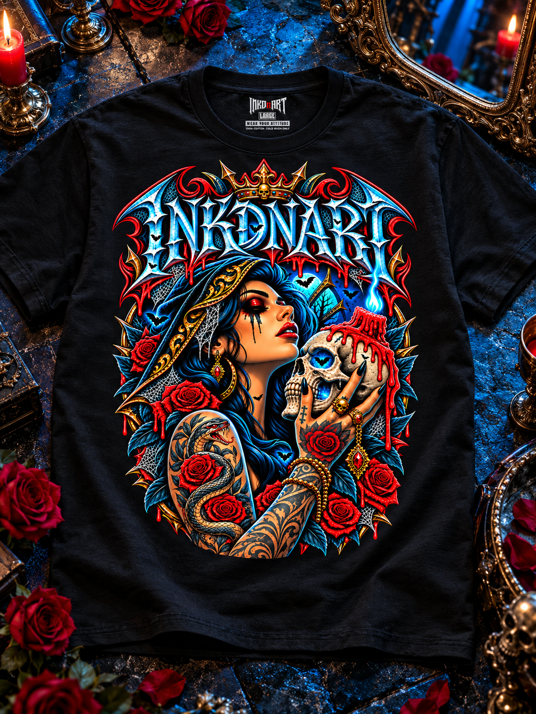 Black Gothic Skull Rose Queen tee laid front-up on dark blue-black stone with crimson rose accents, with the INKDnART interior neck tag.