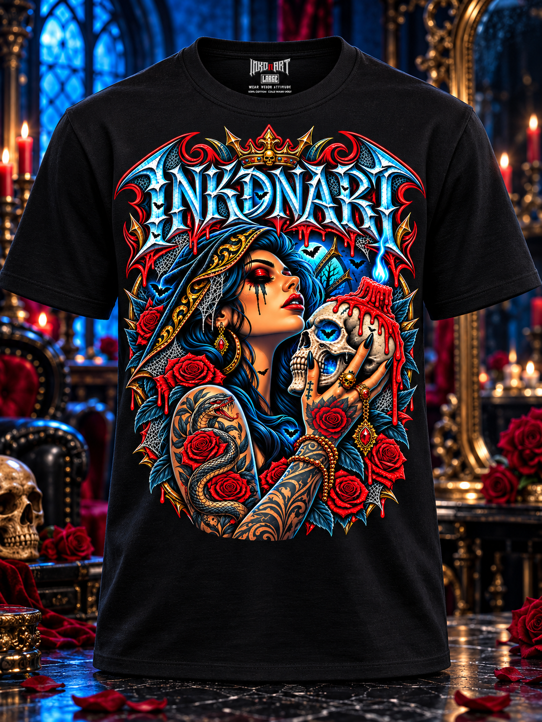 Front ghost-mannequin view of the black Gothic Skull Rose Queen tee with a shaped torso and INKDnART inside neck tag.