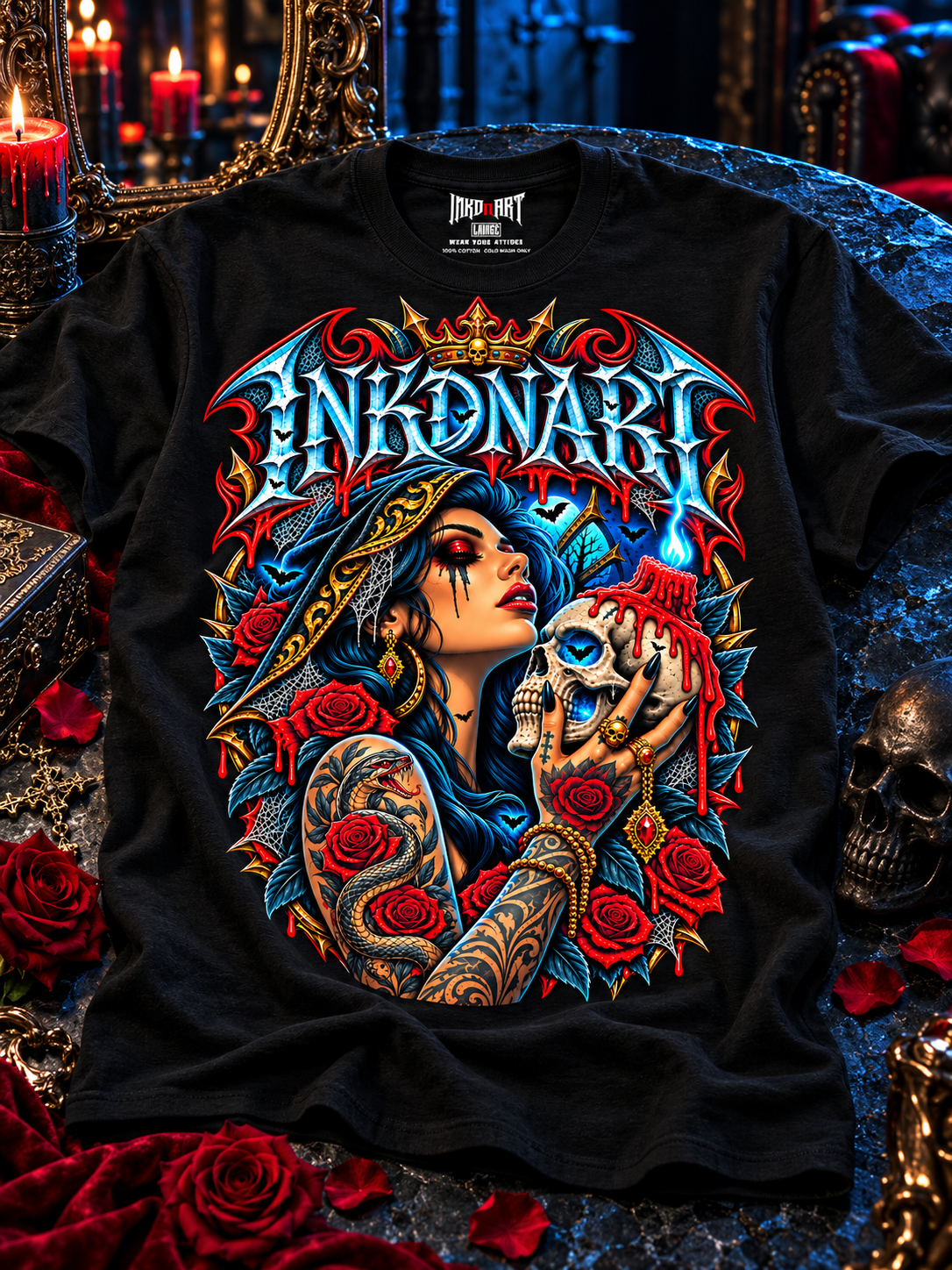 Folded black Gothic Skull Rose Queen graphic tee on dark blue-black stone with crimson rose accents, with its printed interior INKDnART neck tag.