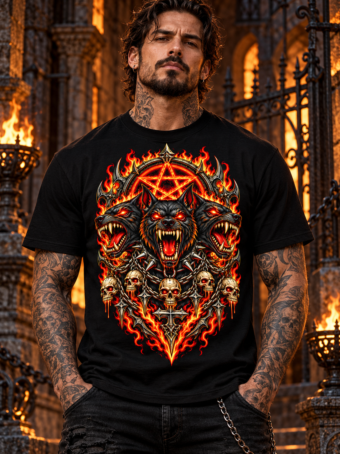 Black Hellhound Trinity tee on a front-facing male model in dark gothic stone courtyard with wrought iron and restrained amber firelight.