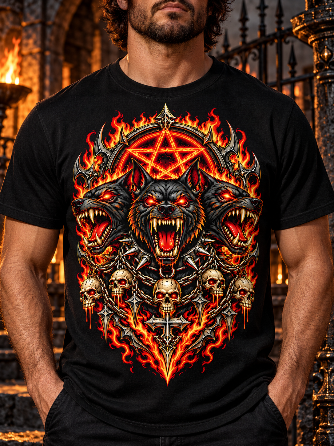 Close front view of the black Hellhound Trinity T-shirt showing the complete colorful graphic and crewneck.