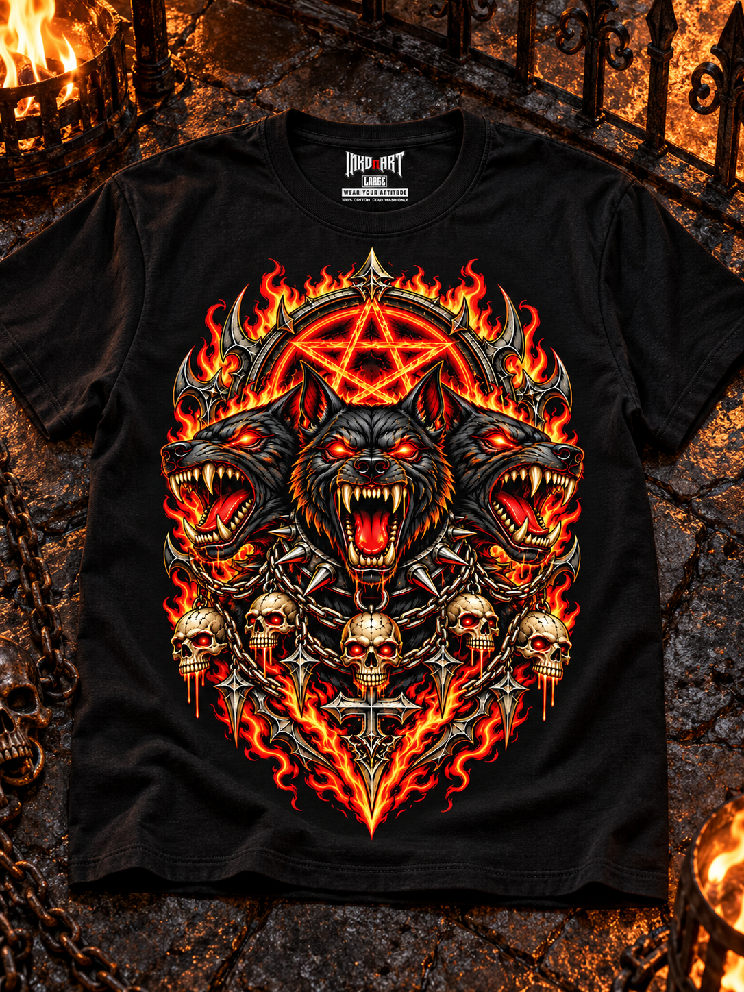 Black Hellhound Trinity tee laid front-up on dark volcanic stone, with the INKDnART interior neck tag.