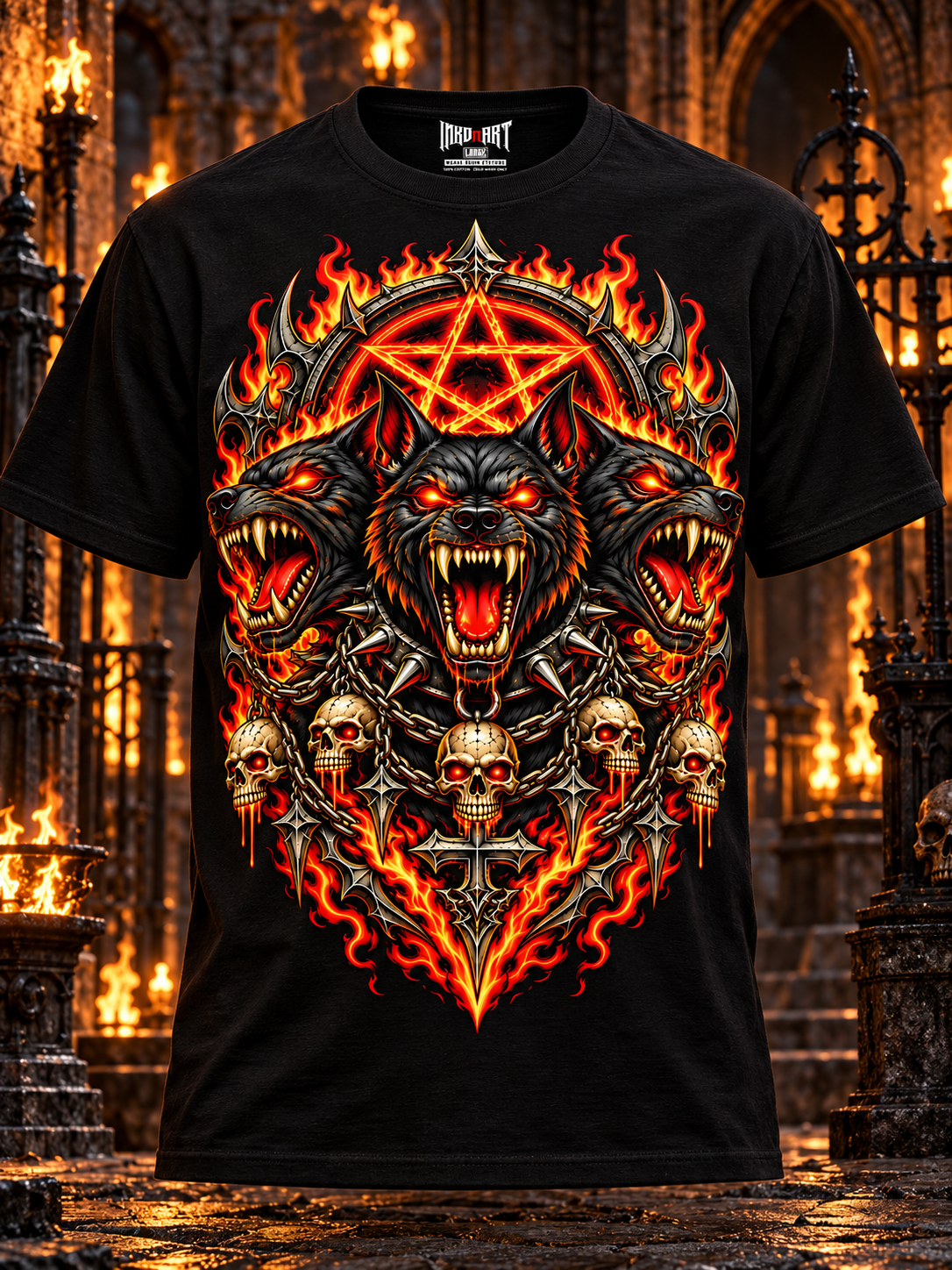 Front ghost-mannequin view of the black Hellhound Trinity tee with a shaped torso and INKDnART inside neck tag.