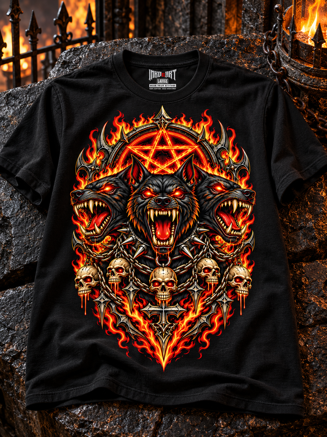 Folded black Hellhound Trinity graphic tee on dark volcanic stone, with its printed interior INKDnART neck tag.