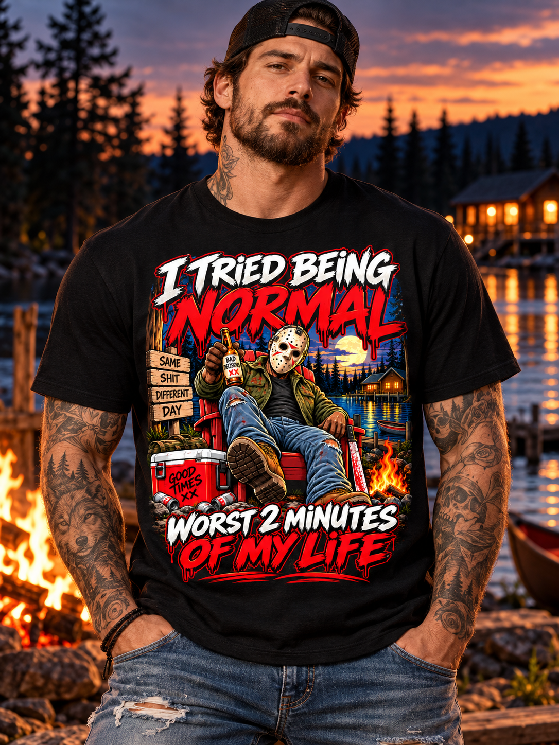 Black I Tried Being Normal tee on a front-facing male model in lakeside camp at dusk with a distant cabin, pine silhouettes and amber campfire glow.