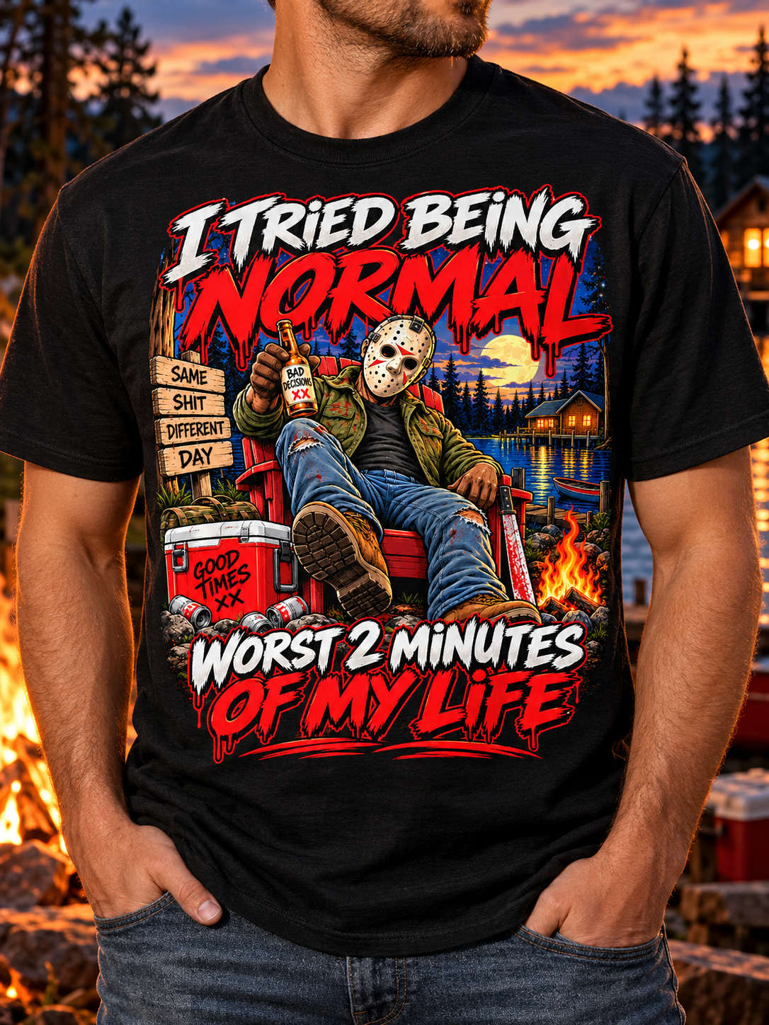 Close front view of the black I Tried Being Normal T-shirt showing the complete colorful graphic and crewneck.