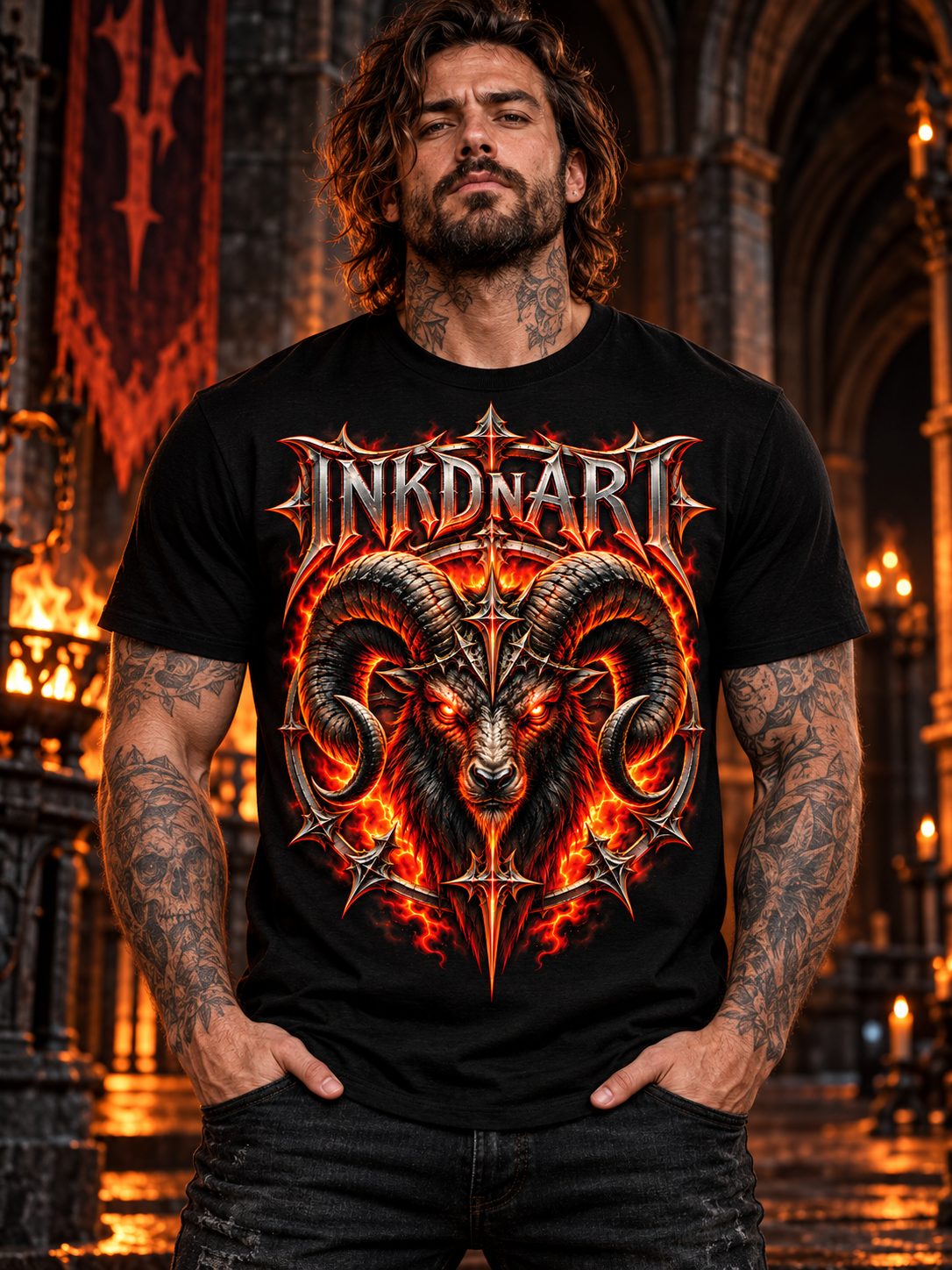 Black Infernal Ram tee on a front-facing male model in dark gothic stone hall with arched doorways and restrained ember firelight.