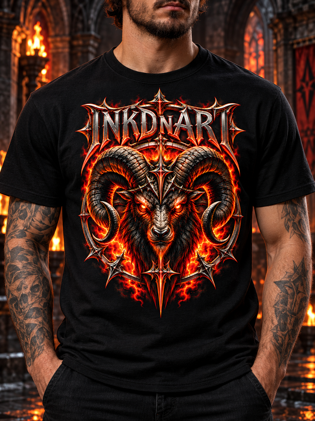 Close front view of the black Infernal Ram T-shirt showing the complete colorful graphic and crewneck.