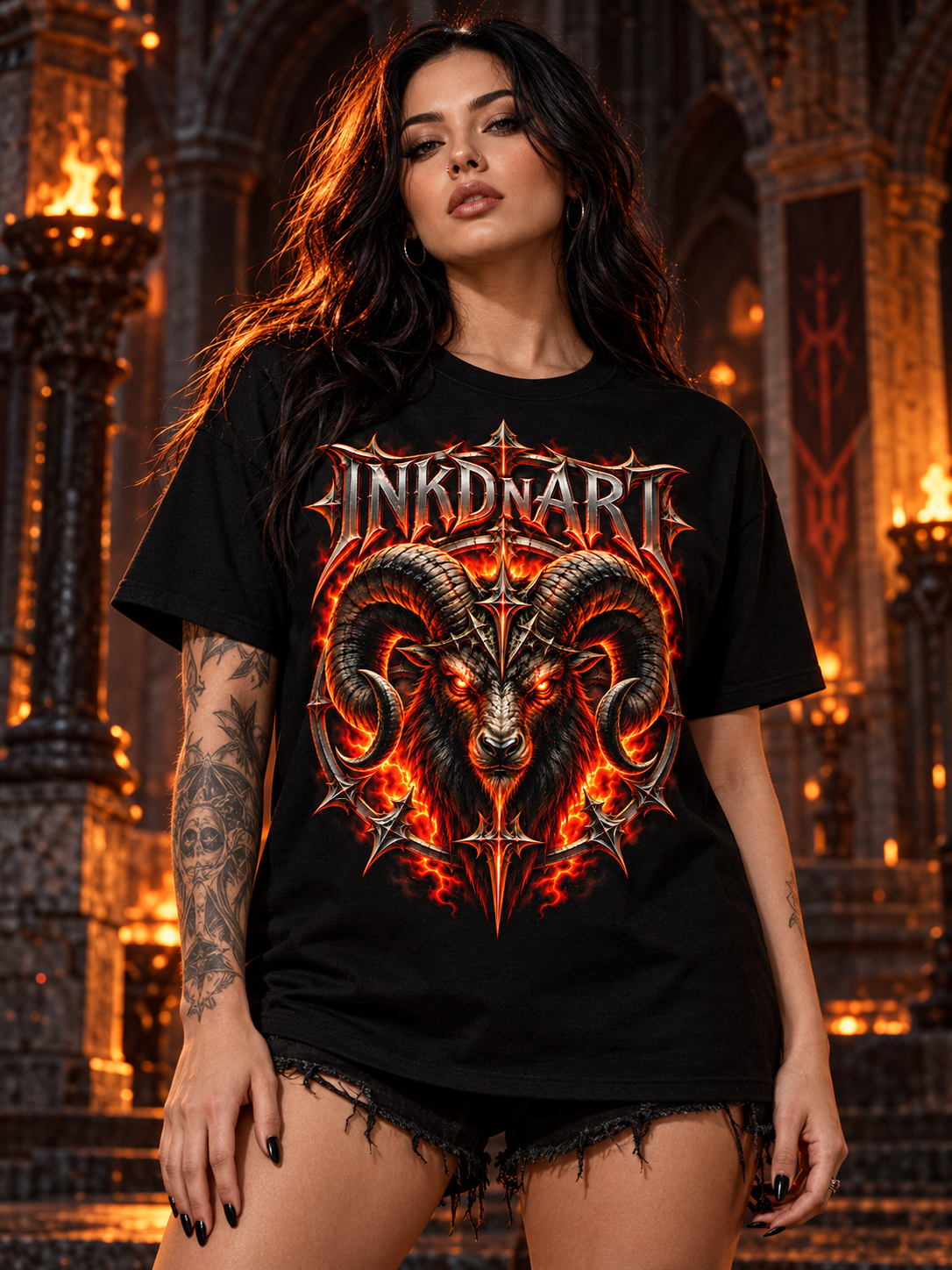 Female model wearing the black Infernal Ram graphic tee, photographed from the front in a themed setting.