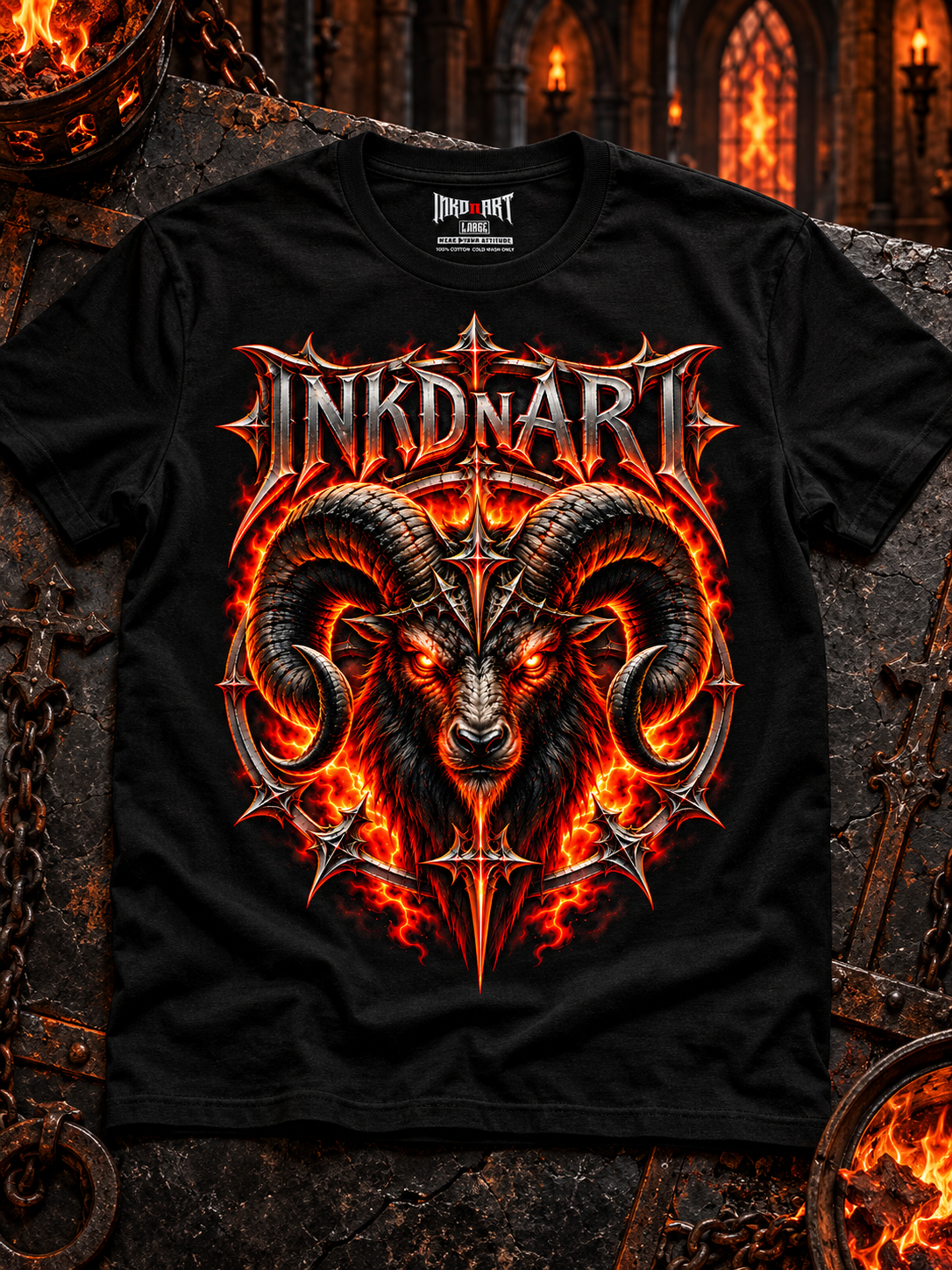 Black Infernal Ram tee laid front-up on black slate and aged iron, with the INKDnART interior neck tag.