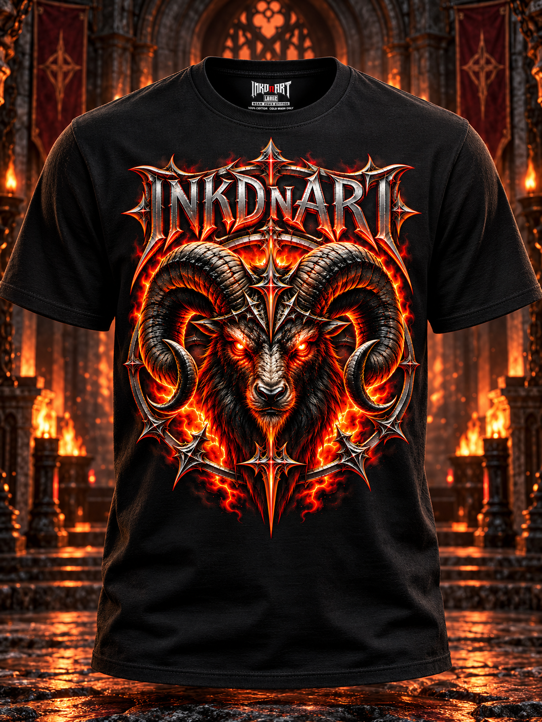 Front ghost-mannequin view of the black Infernal Ram tee with a shaped torso and INKDnART inside neck tag.