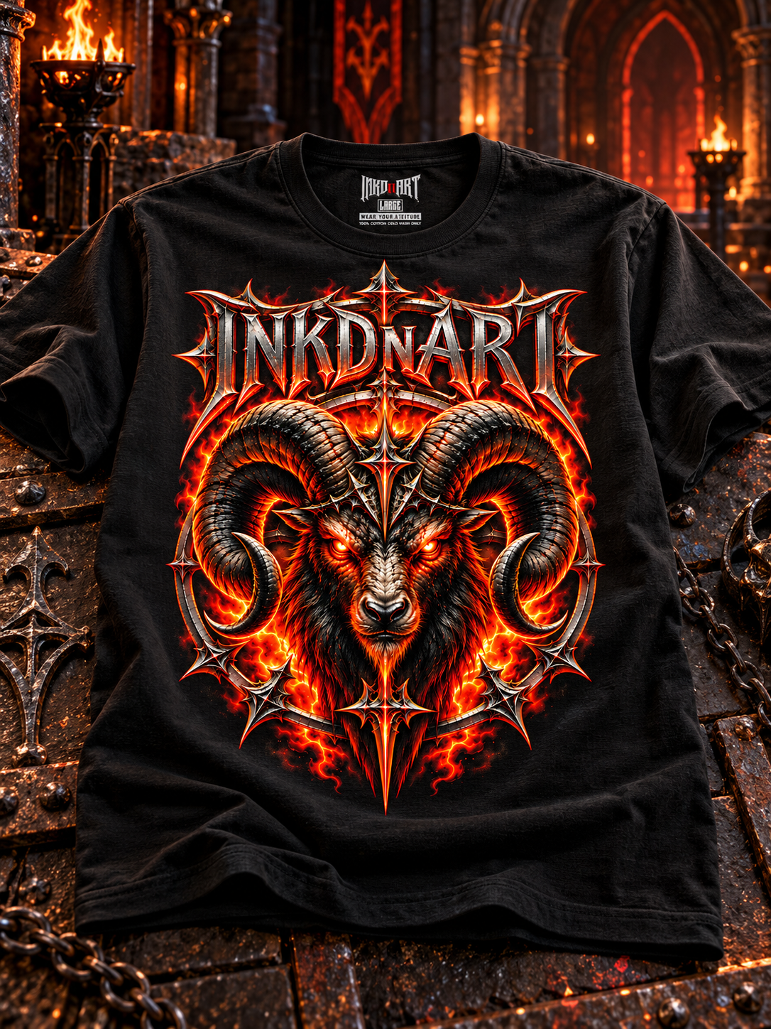Folded black Infernal Ram graphic tee on black slate and aged iron, with its printed interior INKDnART neck tag.