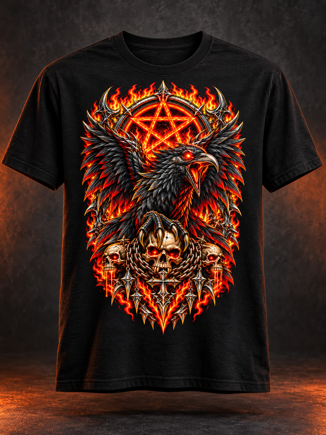 Black Infernal Raven graphic tee in a charcoal studio with orange edge lighting, featuring a raven, flames, and three skulls.