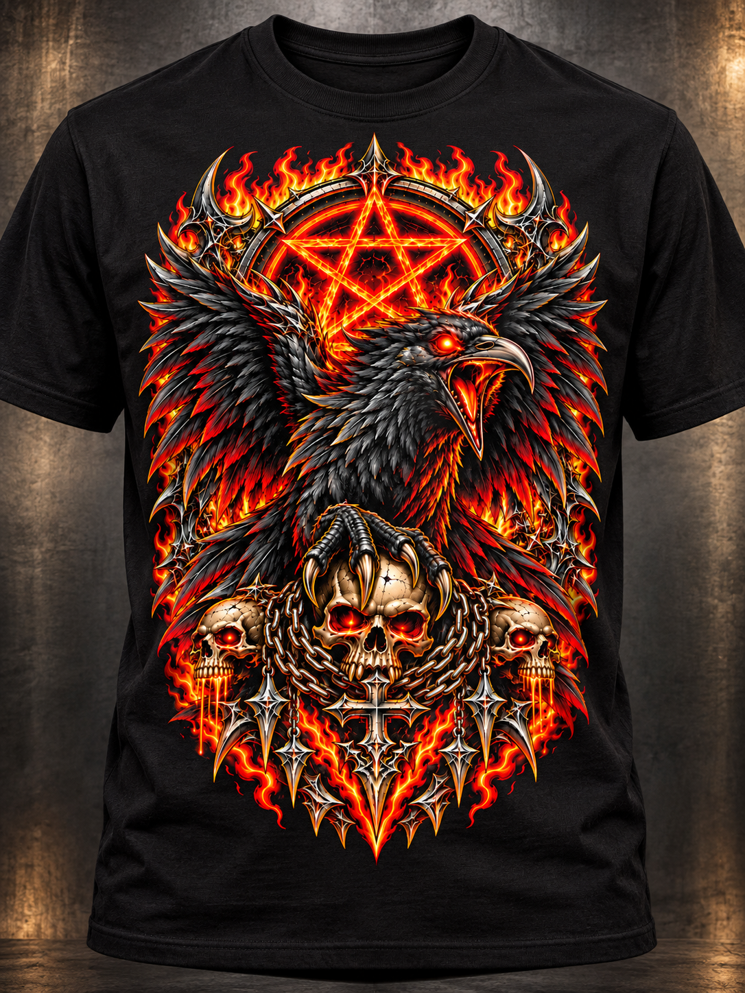 Close front view of the raven, fiery pentagram, chained skulls, and metallic thorn artwork on a black tee.