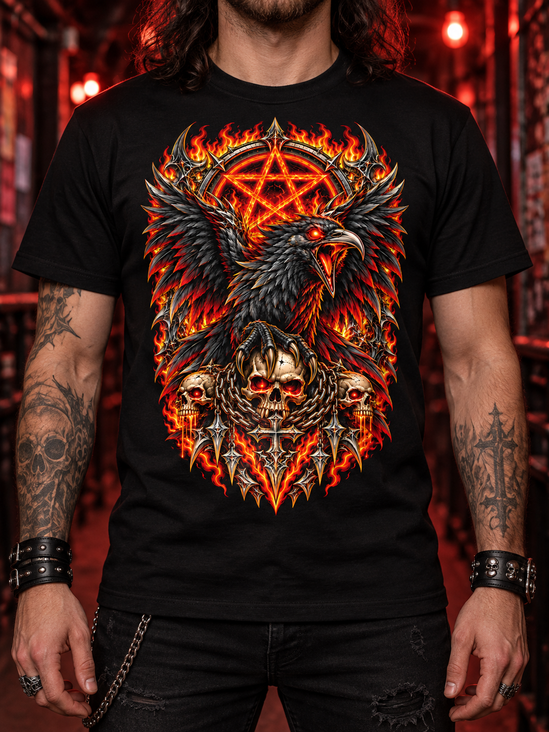 Front-facing model wearing the Infernal Raven black graphic tee in a dark corridor with red lighting.