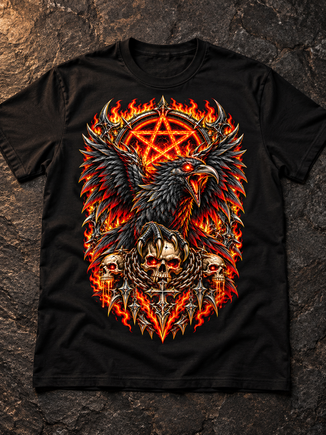Overhead flat lay of the Infernal Raven black T-shirt on dark stone, with the full front graphic visible.