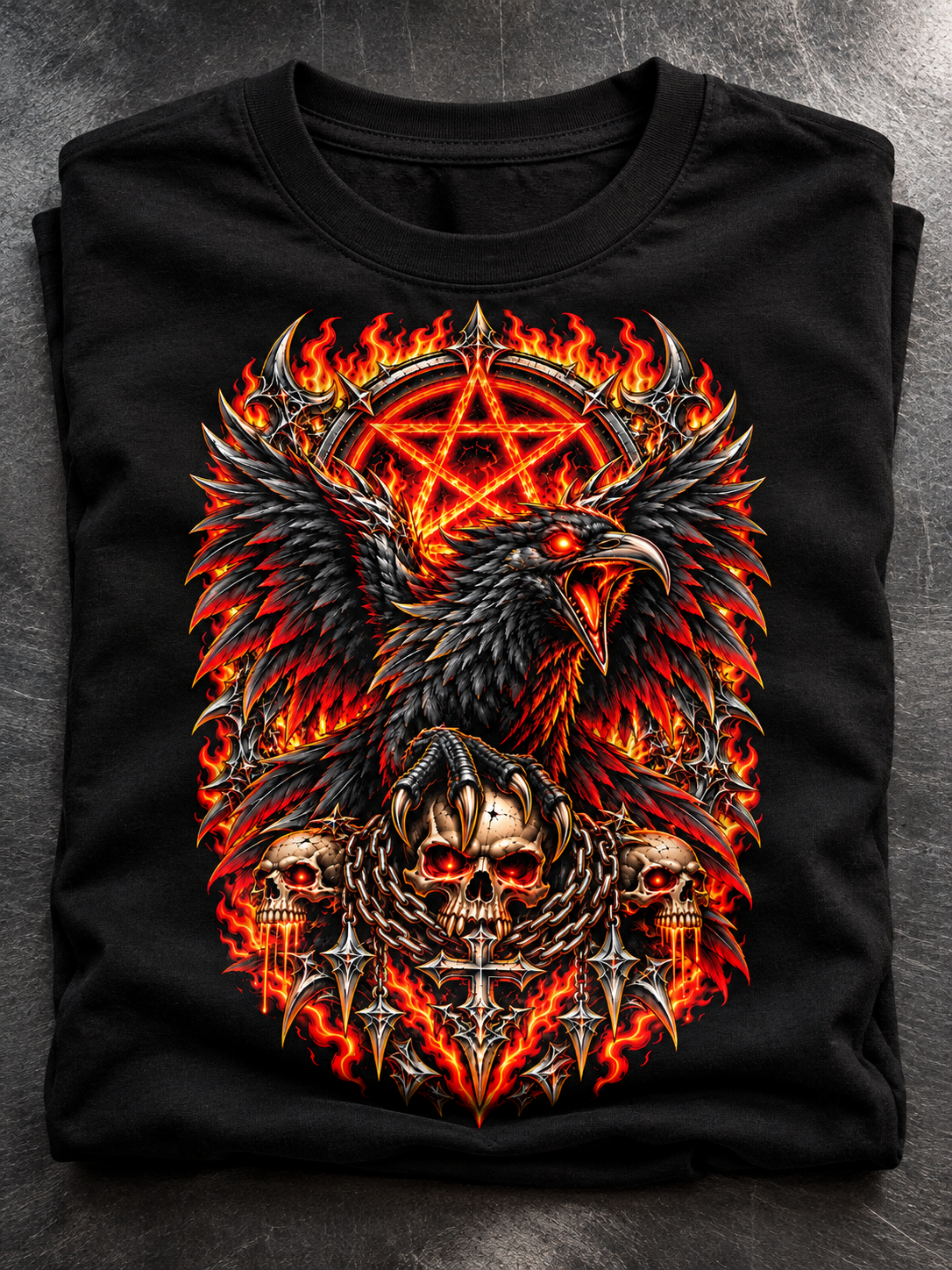 Folded black Infernal Raven graphic tee on dark steel, showing the raven and fiery pentagram above the natural fold.