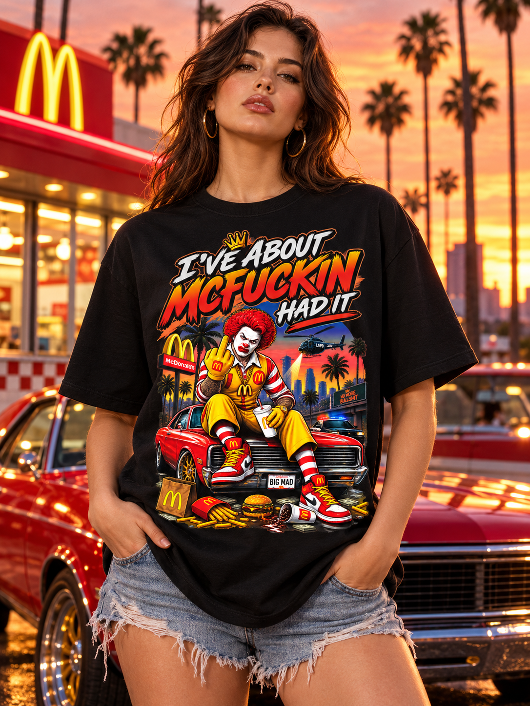 Female model wearing the black McFuckin Had It graphic tee, photographed from the front in a themed setting.