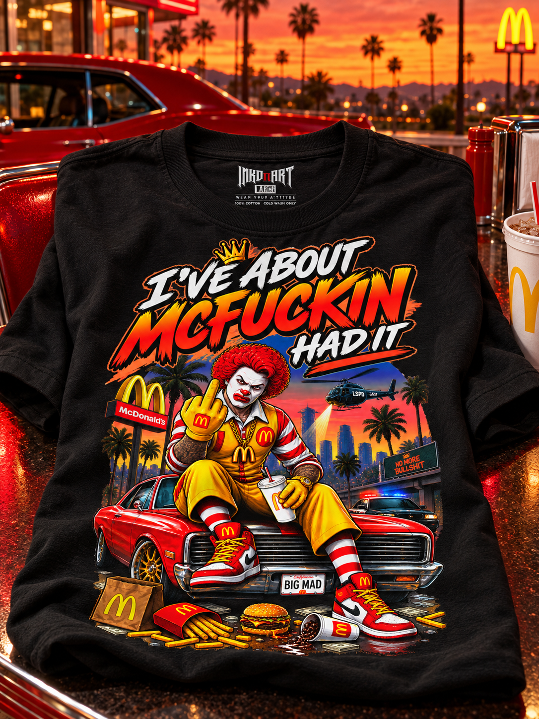 Folded black McFuckin Had It graphic tee on dark diner tabletop with red and warm yellow reflections, with its printed interior INKDnART neck tag.