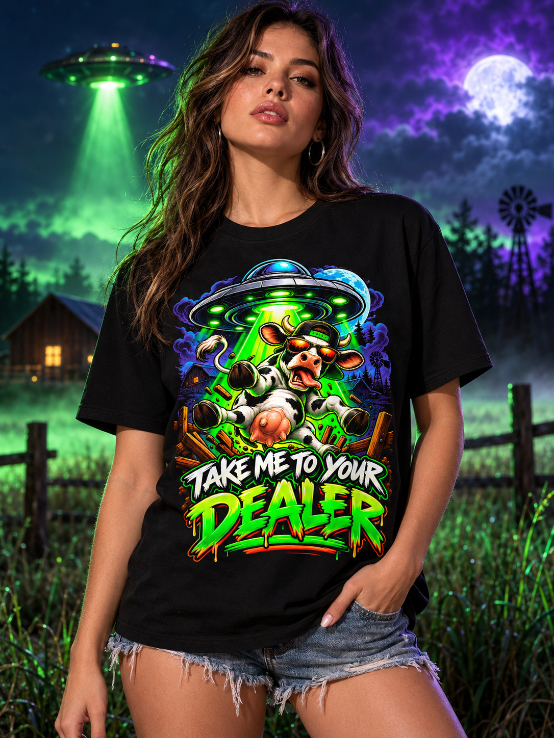 Female model wearing the black Take Me to Your Dealer UFO Cow graphic tee, photographed from the front in a themed setting.