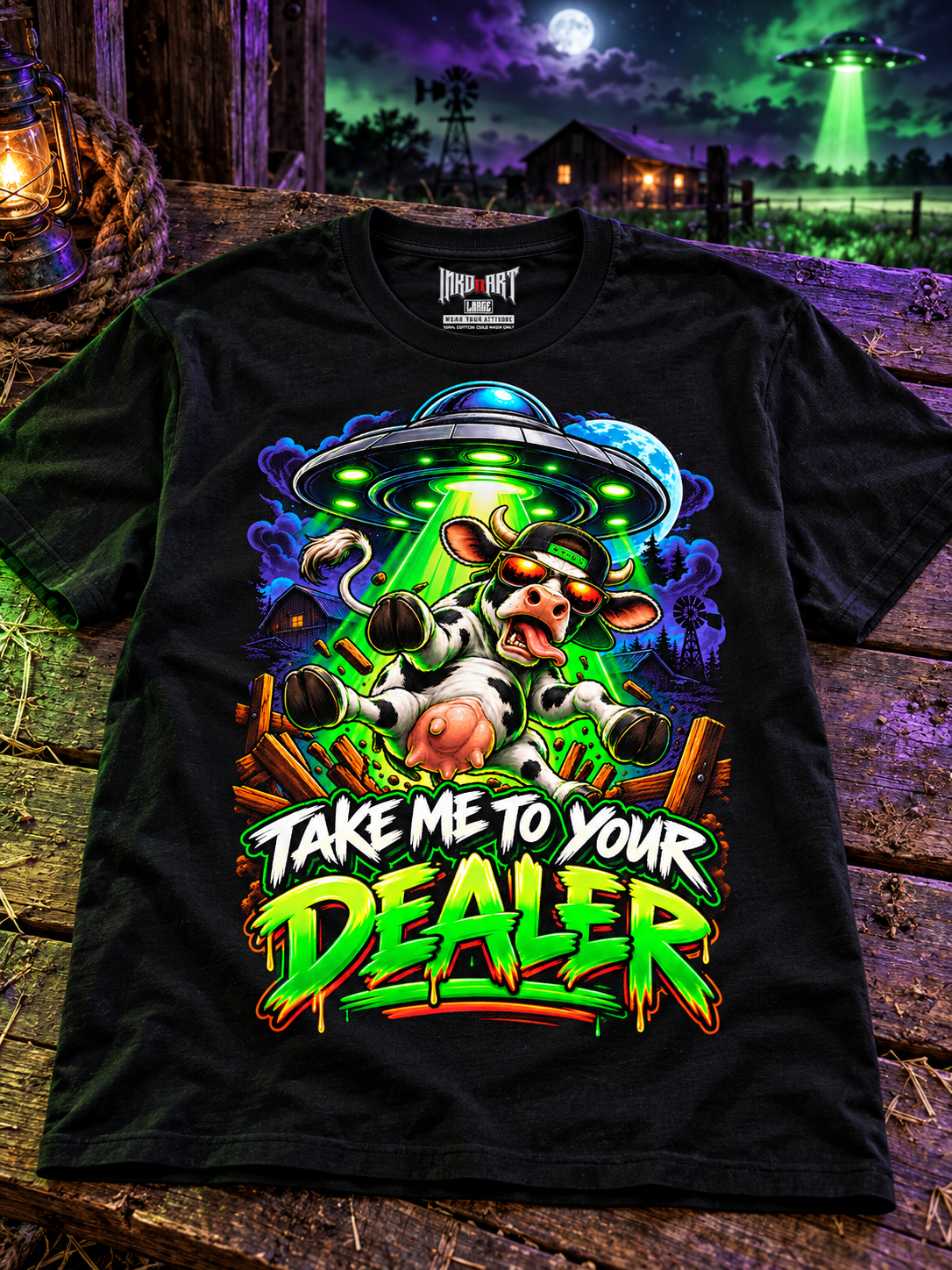 Black Take Me to Your Dealer UFO Cow tee laid front-up on dark barn wood with restrained green and violet lighting, with the INKDnART interior neck tag.