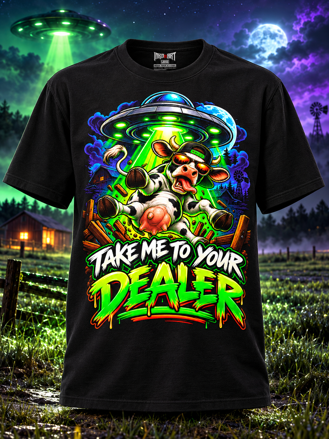 Front ghost-mannequin view of the black Take Me to Your Dealer UFO Cow tee with a shaped torso and INKDnART inside neck tag.