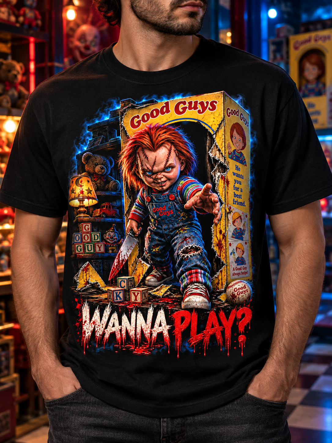 Close front view of the black Wanna Play? Horror Doll T-shirt showing the complete colorful graphic and crewneck.