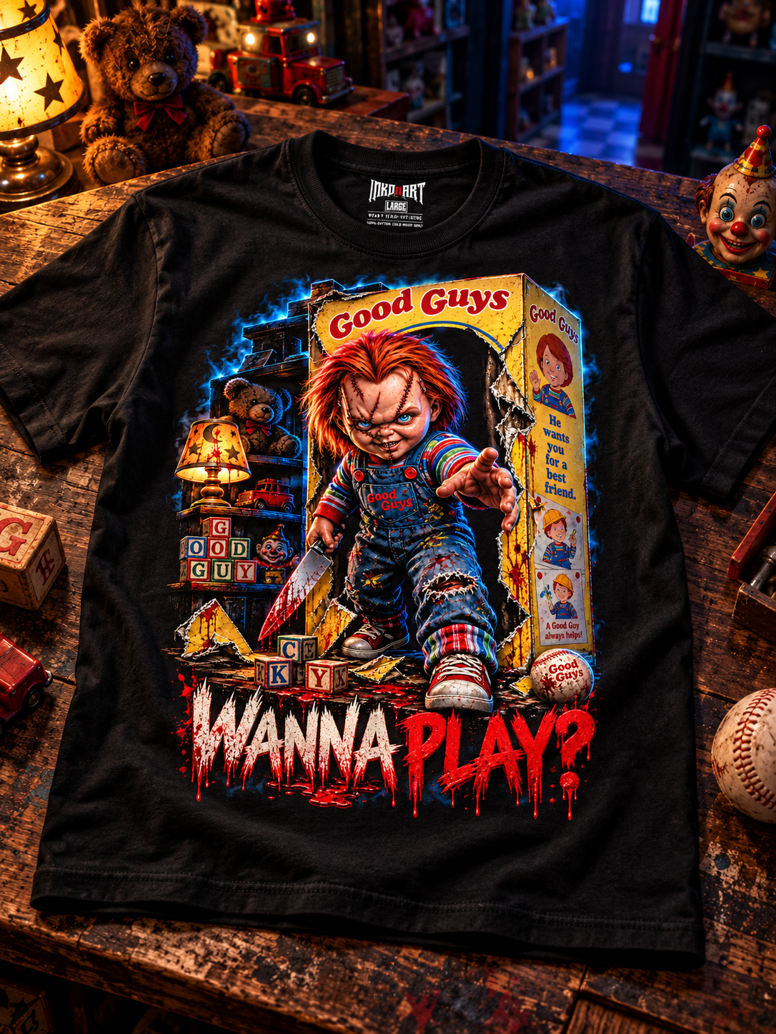 Black Wanna Play? Horror Doll tee laid front-up on aged dark toy-shop workbench, with the INKDnART interior neck tag.