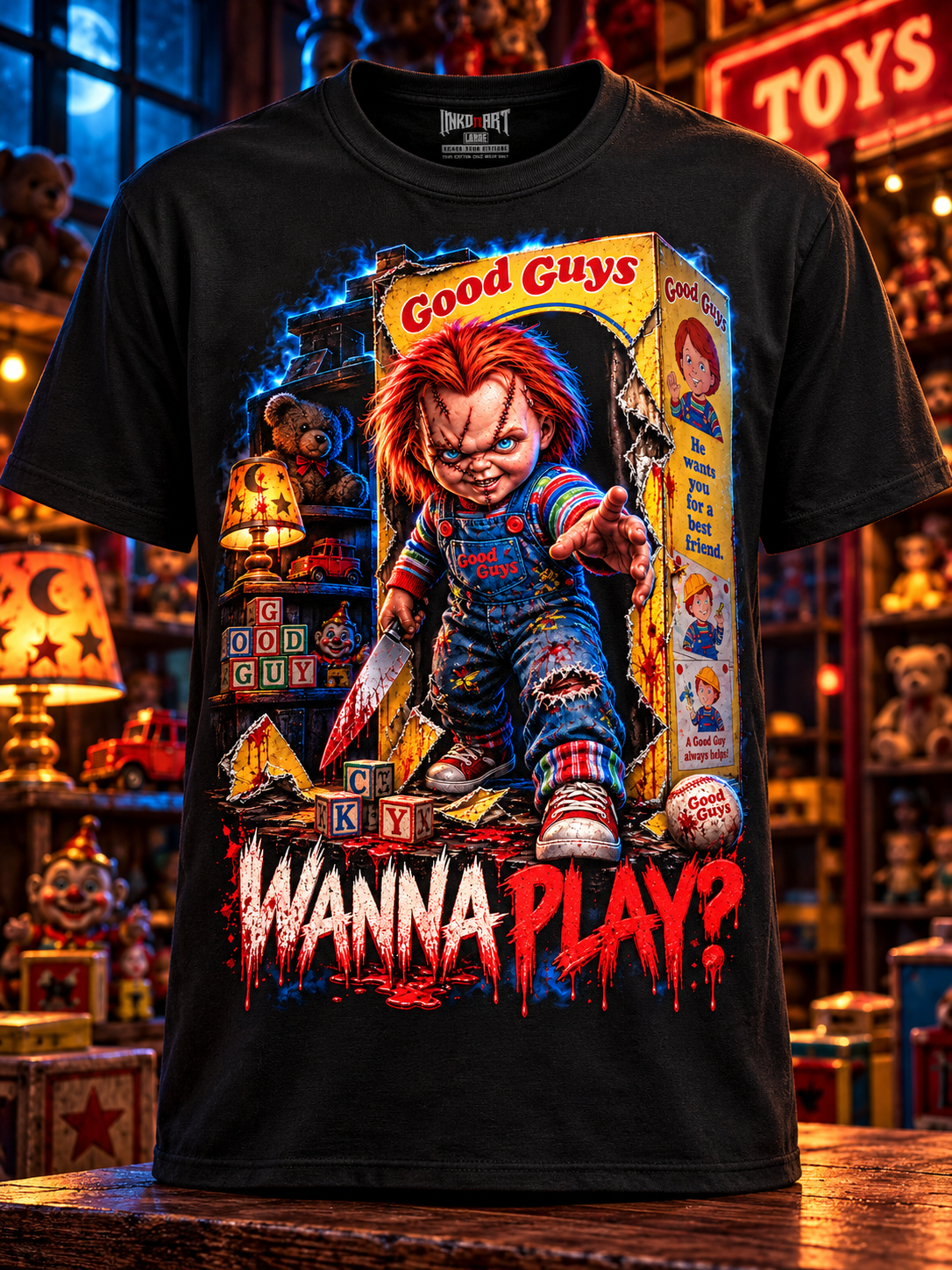 Front ghost-mannequin view of the black Wanna Play? Horror Doll tee with a shaped torso and INKDnART inside neck tag.